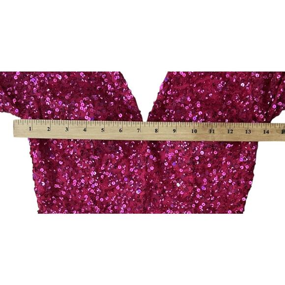 NWT Ashley Lauren V-Neck Open Back Choker Long Sleeve Sequin Fuchsia Jumpsuit 4 - Picture 2 of 8